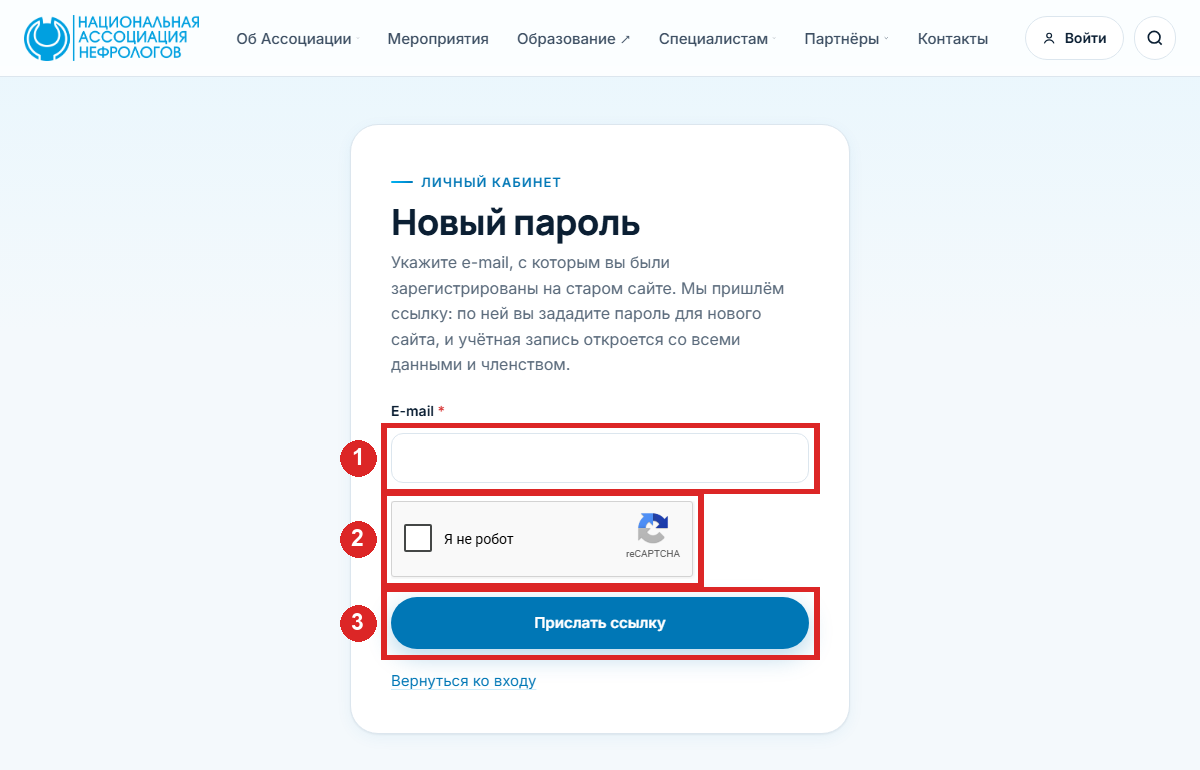 Форма «Новый пароль»: поле e-mail, отметка «Я не робот» и кнопка «Прислать ссылку»